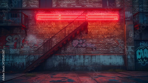 Grungy alleyway with brick walls and neon light photo
