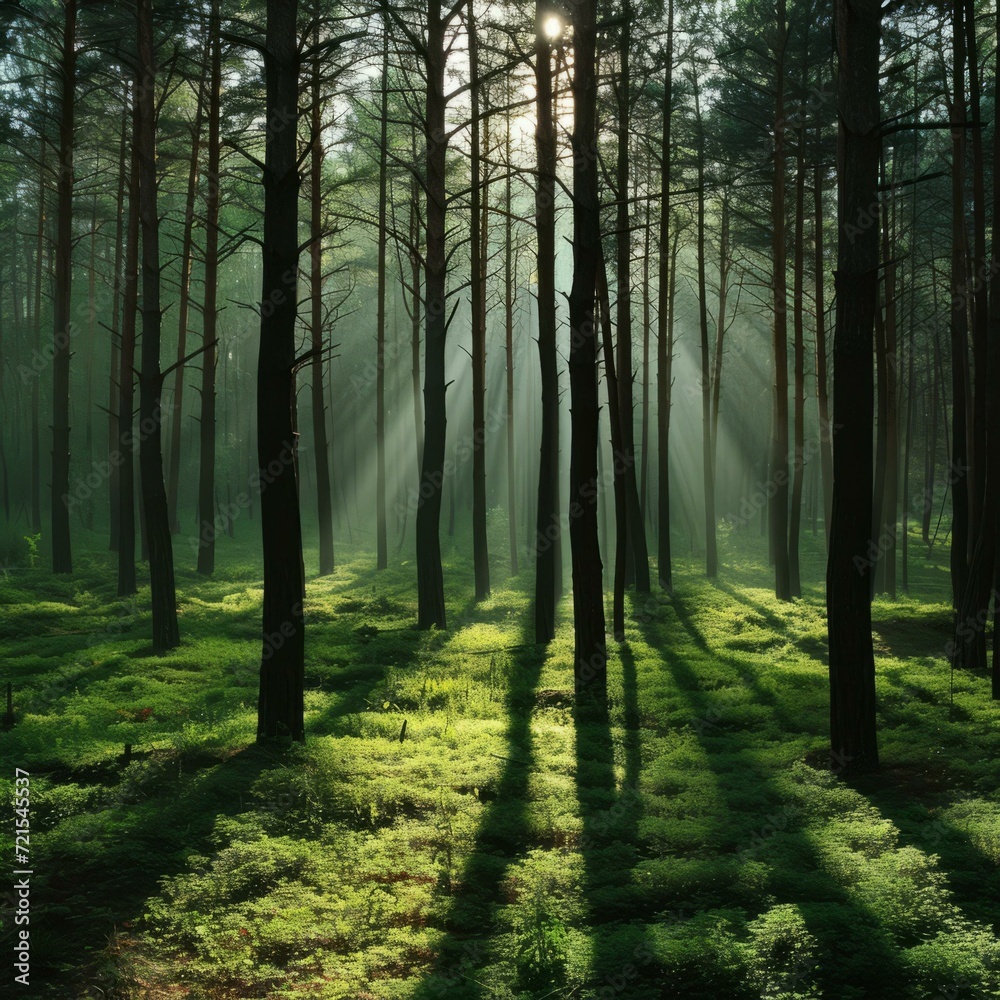 The sun shines through the tall trees in the forest The sun shines through the tall trees in the forest