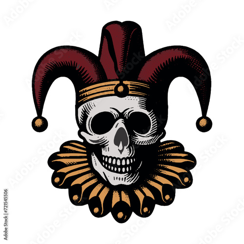 Medieval jester skull. Vintage engraving vector illustration. Logo, emblem, woodcut. Black and white line art. Isolated object