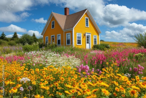 Small yellow house in a colorful flower field