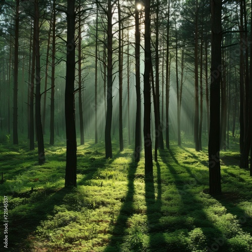 The sun shines through the tall trees in the forest