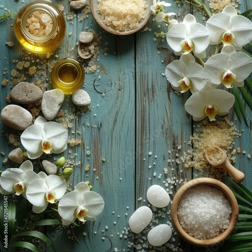 Spa background with white orchids, salt and aroma oil