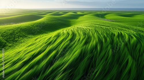 Green rolling hills of wheat field in the wind