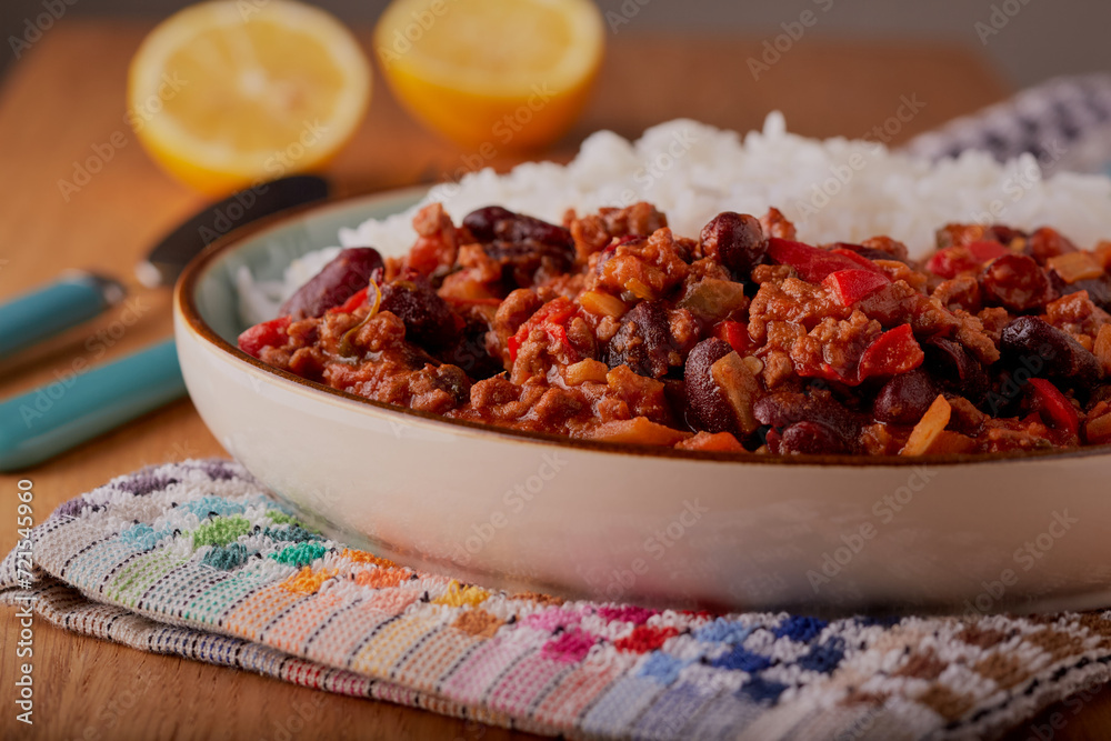 Chilli con carne with white rice Mexican style.