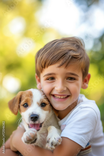 Happy young white boy with a puppy in a park 