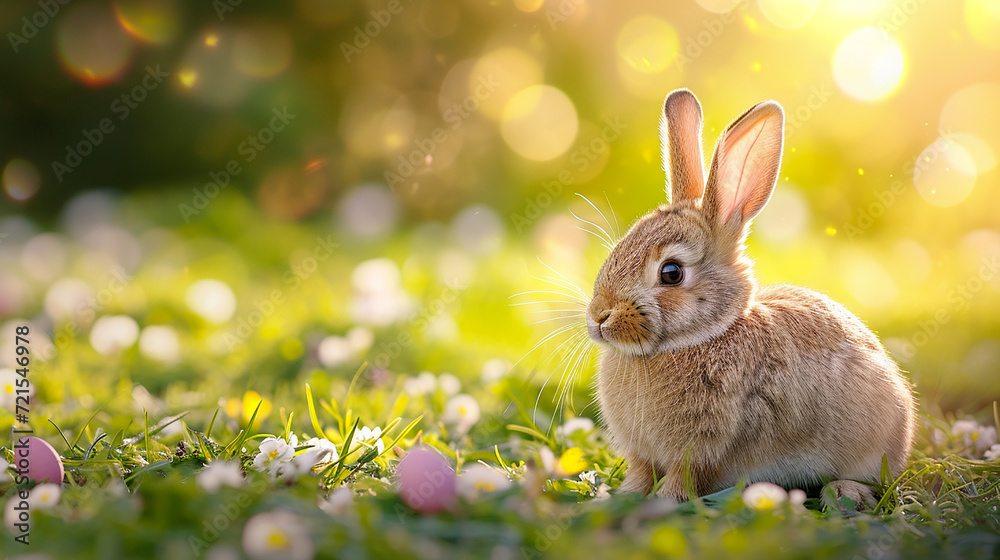 illustration of a cute brown bunny with colored easter eggs and blurred Easter background with copyspace illustration of a cute brown bunny with colored easter eggs and blurred Easter background with copyspace