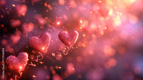 Beautiful blurred background with pink hearts and transparent bokeh lights