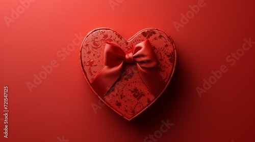 Red box in the shape of a heart with a bow on a minimalistic red background