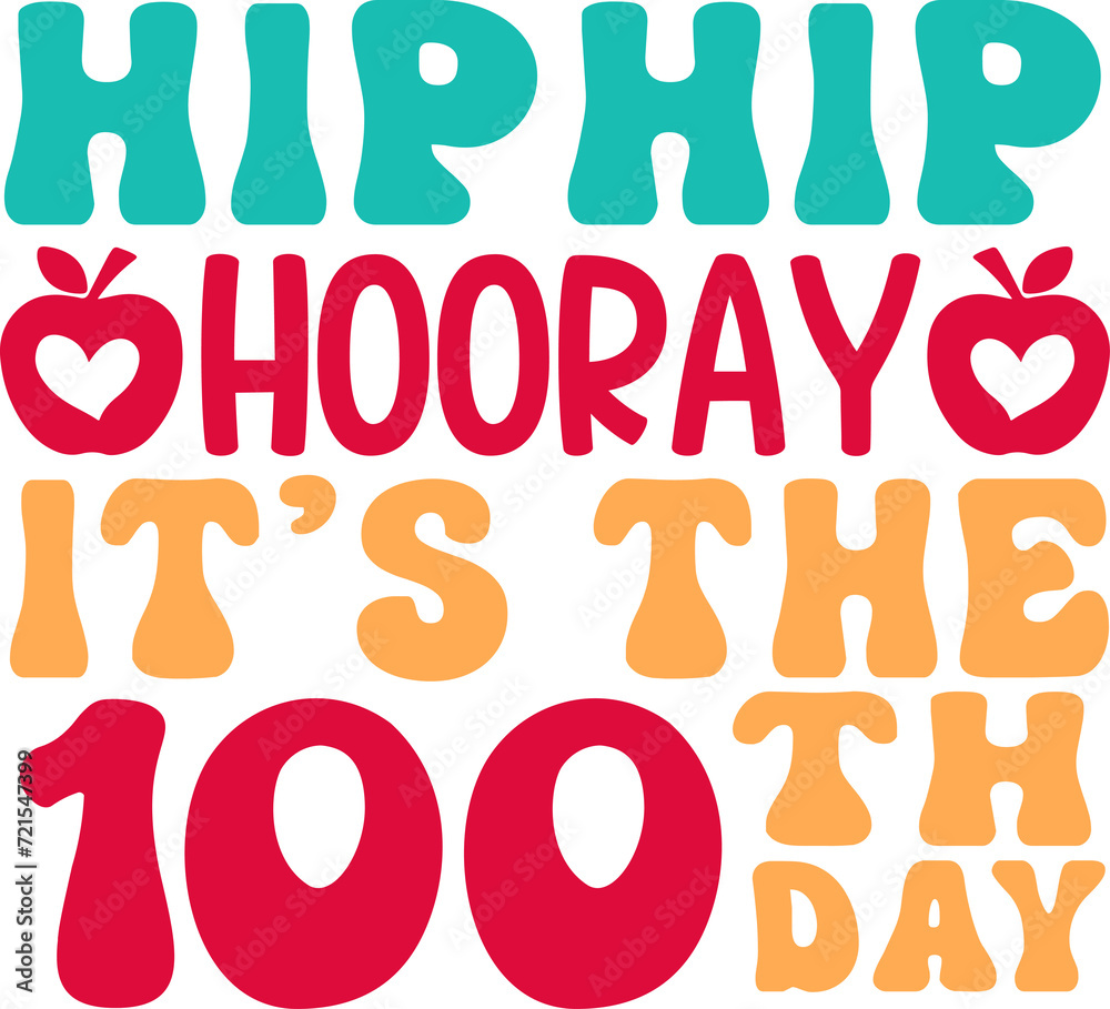 100 Days of School typography design on plain white transparent isolated background for card, shirt, hoodie, sweatshirt, apparel, tag, mug, icon, poster or badge