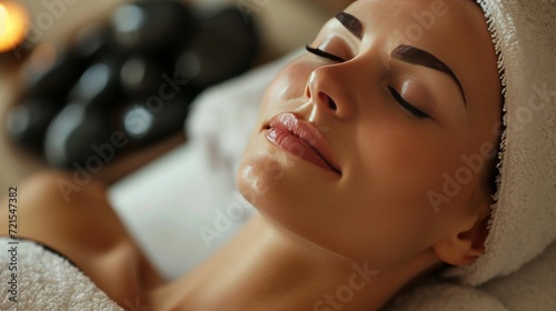 Young woman lying on spa treatment with black stones