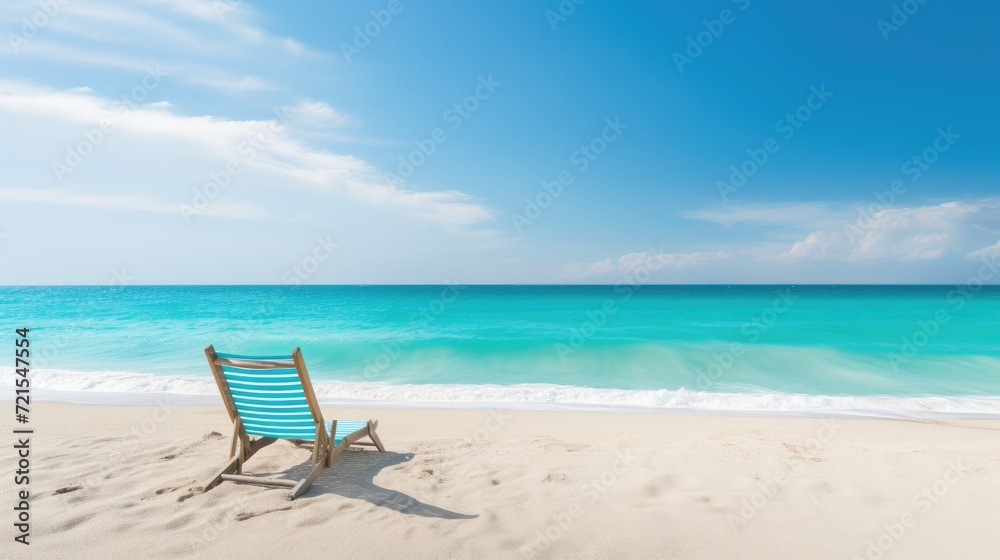 Deck chair on tropical beach with turquoise sea and sky background. Generative AI