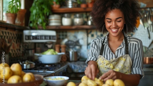 Young woman peeling potatoes in the kitchen while sitting on a stool and smiling