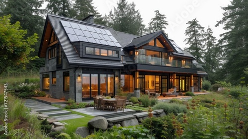 Modern English style house with solar panels on the roof