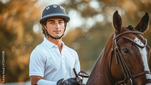 Handsome young courageous polo player riding a horse