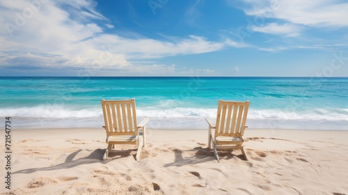 Beach chairs on the sandy beach with turquoise sea in background. Generative AI