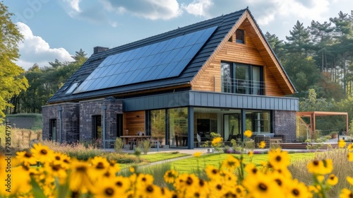 Modern English style house with solar panels on the roof
