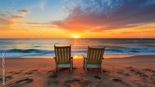 Two chairs on the beach at sunset time. Generative AI