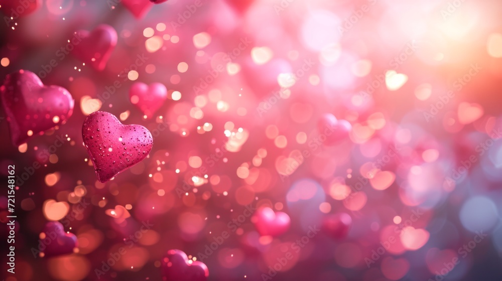 Blurred light pink background with small glowing hearts and large space for text Blurred light pink background with small glowing hearts and large space for text