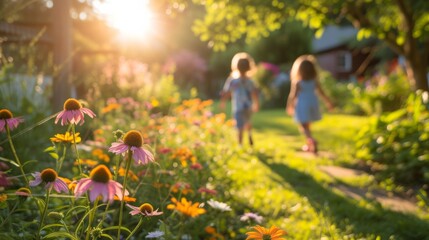 Children play in the summer sunny garden