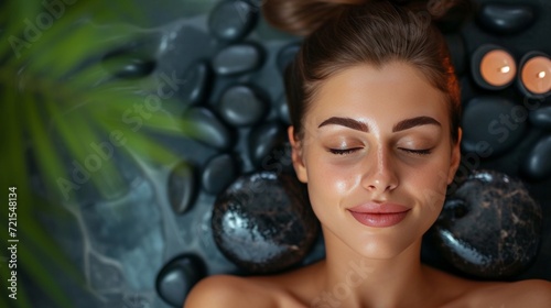Young woman lying on spa treatment with black stones