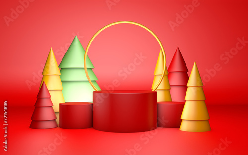 3D Rendering of Christmas Scene  on red Background