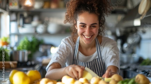 Young woman peeling potatoes in the kitchen while sitting on a stool and smiling