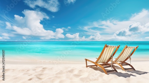 Beach chair on tropical sand beach. Generative AI