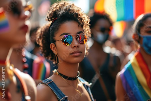 A diverse group of people in the street with rainbow flags