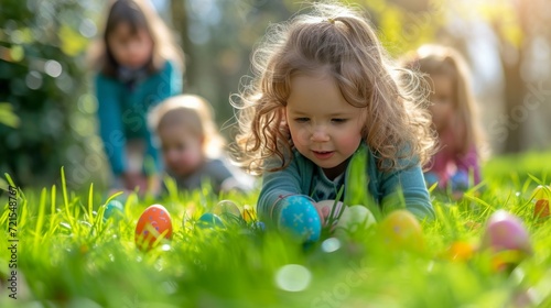 Cheerful children are looking for colorful Easter eggs in the bright green grass on a sunny day