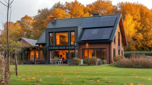 Modern English style house with solar panels on the roof