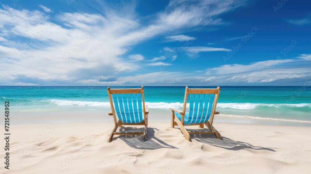 Two deck chairs on the tropical beach with turquoise ocean water. Generative AI Two deck chairs on the tropical beach with turquoise ocean water. Generative AI