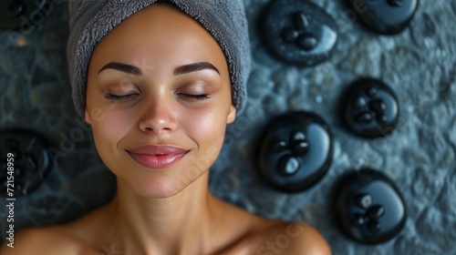 Young woman lying on spa treatment with black stones