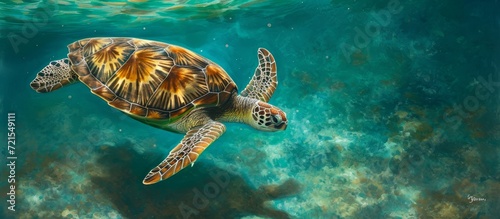 Serene Green Turtle gracefully glides on the Surface of the tranquil Se, while showcasing its majestic Green hue.