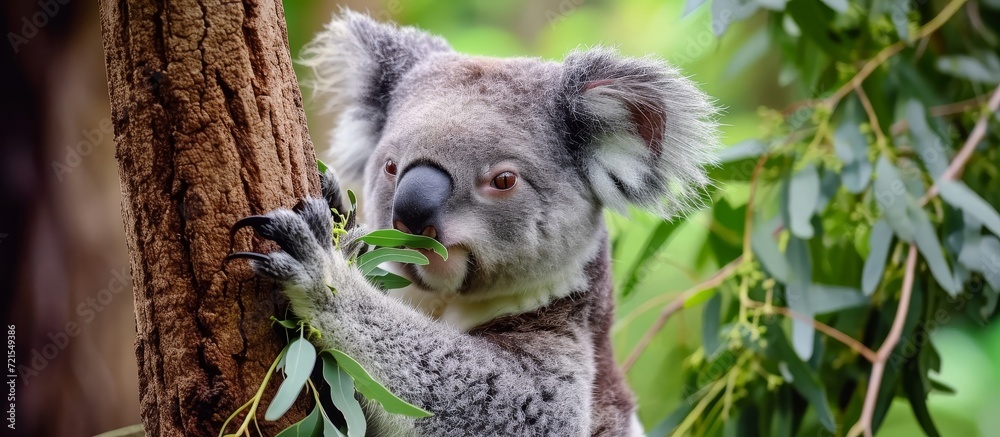 Obraz premium Adorable Koala Savoring Eucalypt Leaf While Feeding its Cute Young Koalas