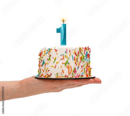 Photography 1 shaped candle light on happy birthday cake isolated on white background