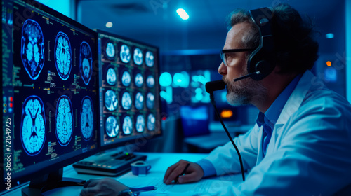 Obraz na płótnie A neuroradiologist analyzes a brain MRI while pointing with a pen and dictating