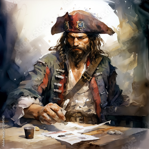 Portrait of a pirate captain with a hat sitting at the table. Watercolor illustration.