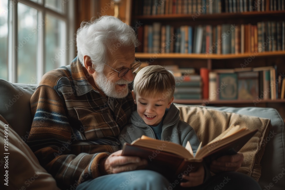 Grandfather with his grandson, reading an old book together and have a cheerful time.	 - obrazy, fototapety, plakaty 