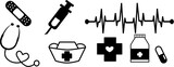 Heartbeat, nurse uniform hat, plaster, string, stethoscope, red cross with heart, medicine, pill, medicine and hospital vector graphics, cure, take care of the patient with love, save life, medicate,