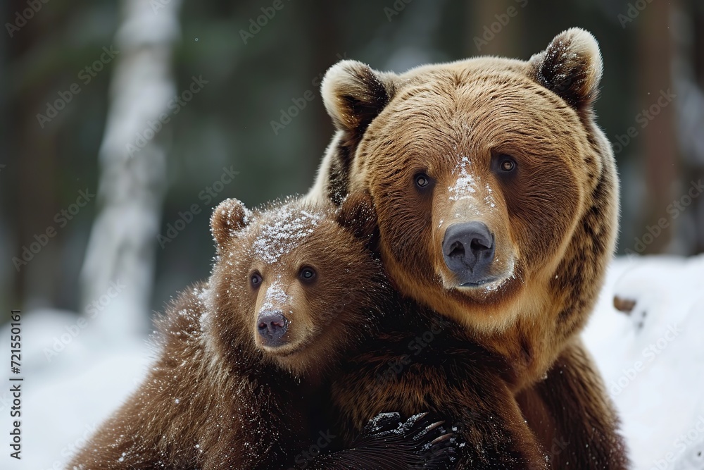 Big brown bear with her cub in winter forest
