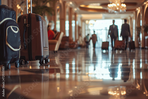 Modern hotel lobby interior with tourists and suitcases