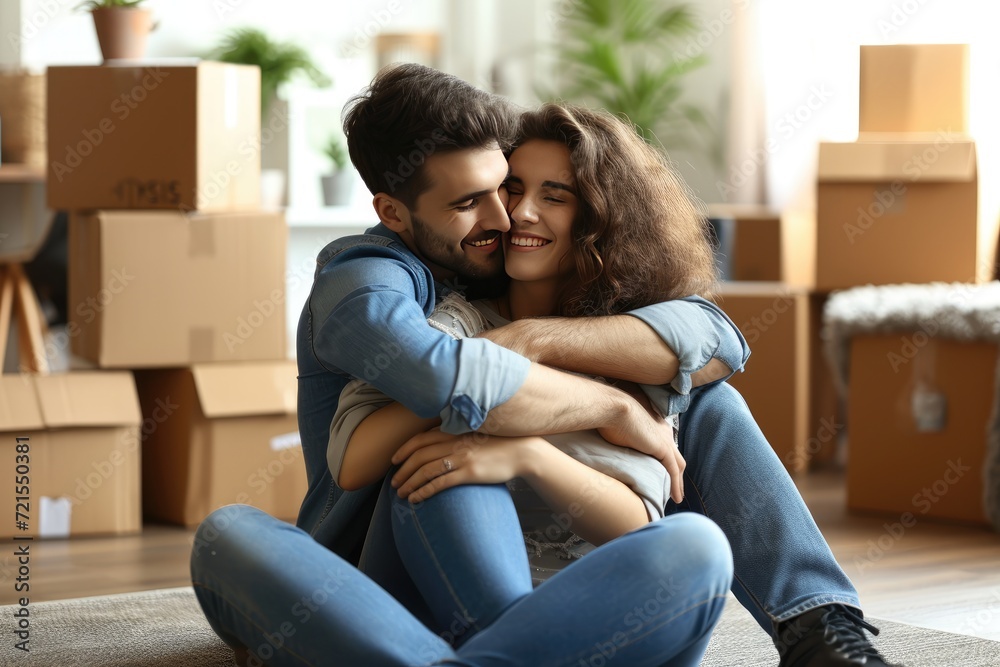 A young happy couple is hugging each other in a room with boxes. House removal, moving house, packing A young happy couple is hugging each other in a room with boxes. House removal, moving house, packing