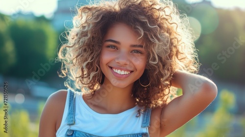 Beautiful curly girl in denim shorts and a white T-shirt smilingly looks at the camera against photo