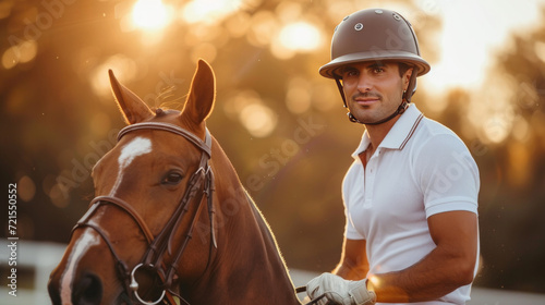 Handsome young courageous polo player riding a horse