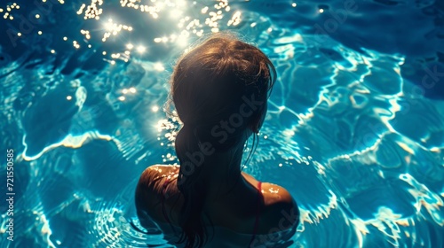 A vibrant summertime image featuring a teenage girl at the pool's edge, her sun-kissed silhouette framed against sparkling blue water. The playful atmosphere and vivid colors evoke the spirit of joy. 
