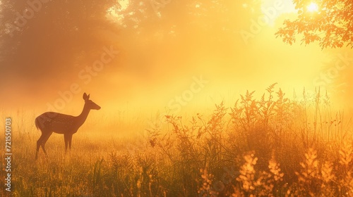 Fawn in the morning mist at the lake. 3d render. A tranquil sunrise over a mist-covered meadow  featuring a grazing deer. The warm golden tones convey a sense of purity and renewal.