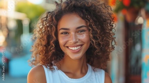 Beautiful curly girl in denim shorts and a white T-shirt smilingly looks at the camera against photo