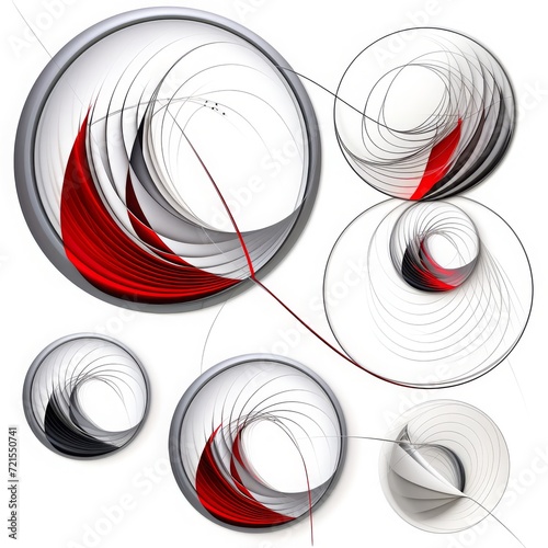 Abstract illustration of circular designs in red, white, gray and black