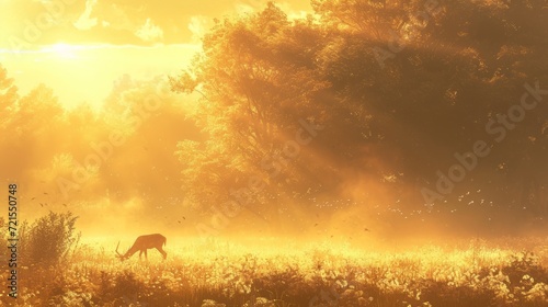 Fawn in the morning mist at the lake. 3d render. A tranquil sunrise over a mist-covered meadow, featuring a grazing deer. The warm golden tones convey a sense of purity and renewal. © Oskar Reschke