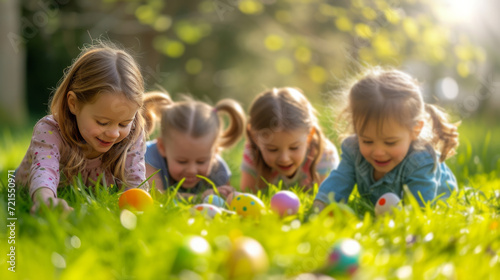 Cheerful children are looking for colorful Easter eggs in the bright green gr...